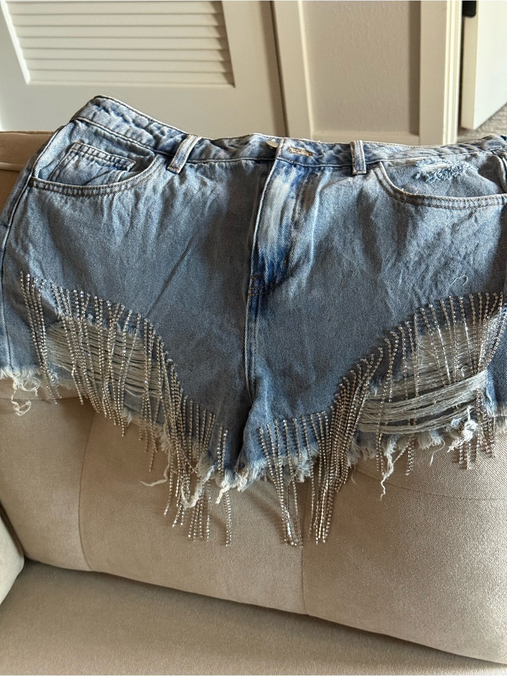 Light Blue Rhinestone Fringe Denim Shorts - Women
